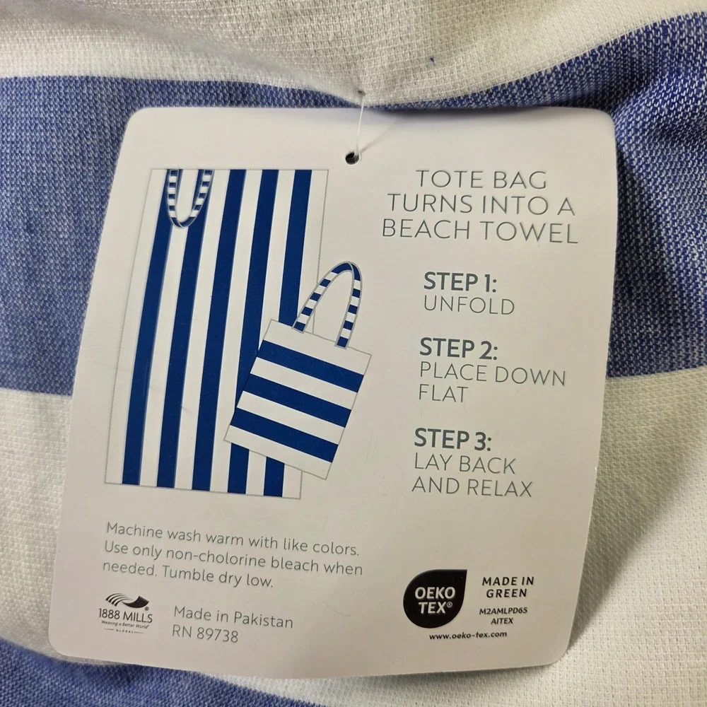 Isle & Anchor Beach Towel In A Bag Blue White Striped 100% Cotton 36x70 NWT